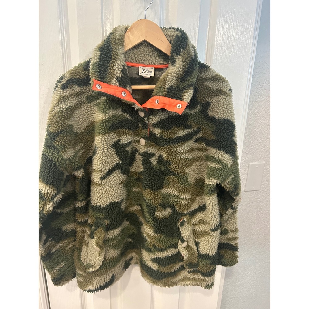 J.Crew Vintage Fleece Green Camo Orange Trim Snap Pullover Sherpa Jacket
